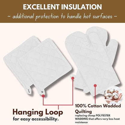 Native Fab 4 Piece Set - 2 Oven Mitts & 2 Potholders, Heat Resistant, 100% Cotton, Quilted Design, Non-Slip Grip, Machine Washable, Ideal for Baking, Cooking, BBQ, Kitchen Protection - White - Image 5