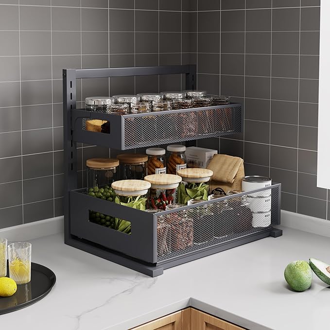 Petiza Under Sink Organizer Pull Out Cabinet Organizer Adjustable Height 2 Tier with Sliding Drawers Kitchen Bathroom Organizer and Storage(Gray-1pc) - Image 5