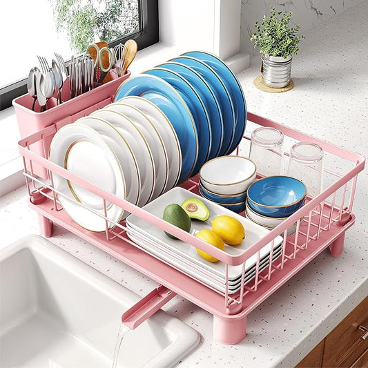 SNTD Dish Drying Rack - Small Dish Rack for Kitchen Counter, Stainless Steel Dish Drainer with Utensil Holder and Drainboard, 12.9" W x 16.9" L (Pink) by SNTD