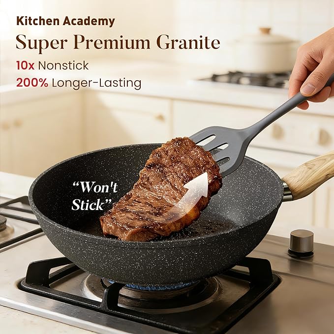 Kitchen Academy Induction Cookware Sets - 12 Piece Gray Cooking Pan Set, Granite Nonstick Pots and Pans Set - Image 2