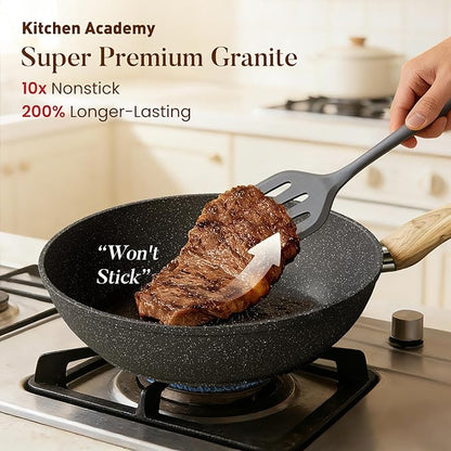 Kitchen Academy Induction Cookware Sets - 12 Piece Gray Cooking Pan Set, Granite Nonstick Pots and Pans Set - Image 2