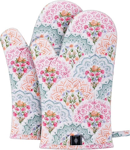 BONTHEE Pot Holders for Kitchen Heat Resistant Hot Pads for Countertops Oven Pot Holders Cotton Potholders for Kitchen Cooking Baking, Extra Long Cotton Cooking Gloves - Mandala - Oven Gloves - 2PCS