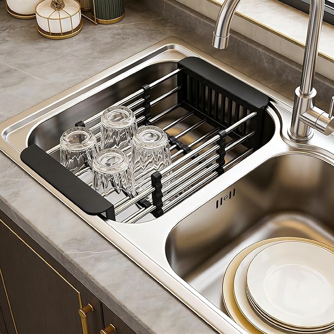 Stainless Steel Expandable Over Sink Dish Drying Rack | 11.4–18.5 inch Adjustable Drain Rack | Heavy-Duty 44LBS Capacity | Durable ABS Kitchen Organizer