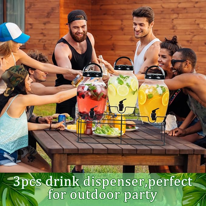 Tanlade 3 Pcs Plastic Drink Dispenser with Spigot and Metal Stand 1.2 Gallon Beverage Dispenser for Parties Juice Dispensers Lemonade Jar with Lids for Cold Drink Tea Water Container (Black)
