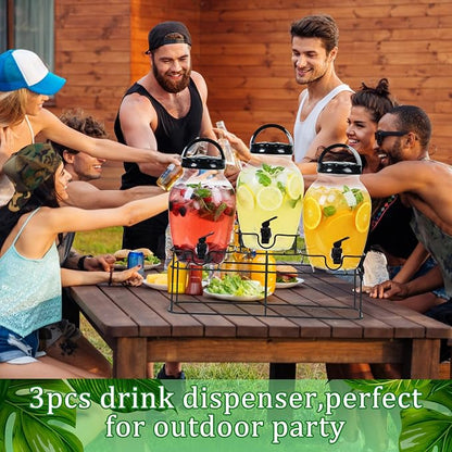 Tanlade 3 Pcs Plastic Drink Dispenser with Spigot and Metal Stand 1.2 Gallon Beverage Dispenser for Parties Juice Dispensers Lemonade Jar with Lids for Cold Drink Tea Water Container (Black)