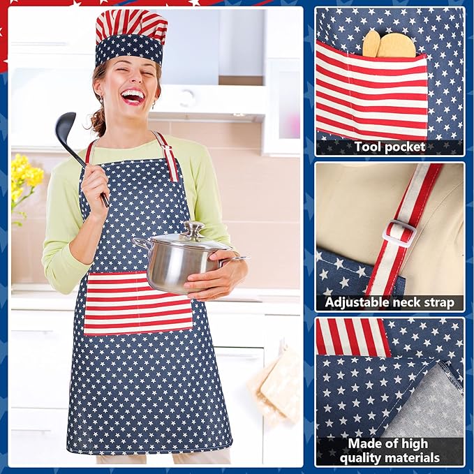SATINIOR USA 4th of July Flag Kitchen Chef Hat Adjustable Apron 250th Independence Day Apron Patriotic Aprons for Men Women