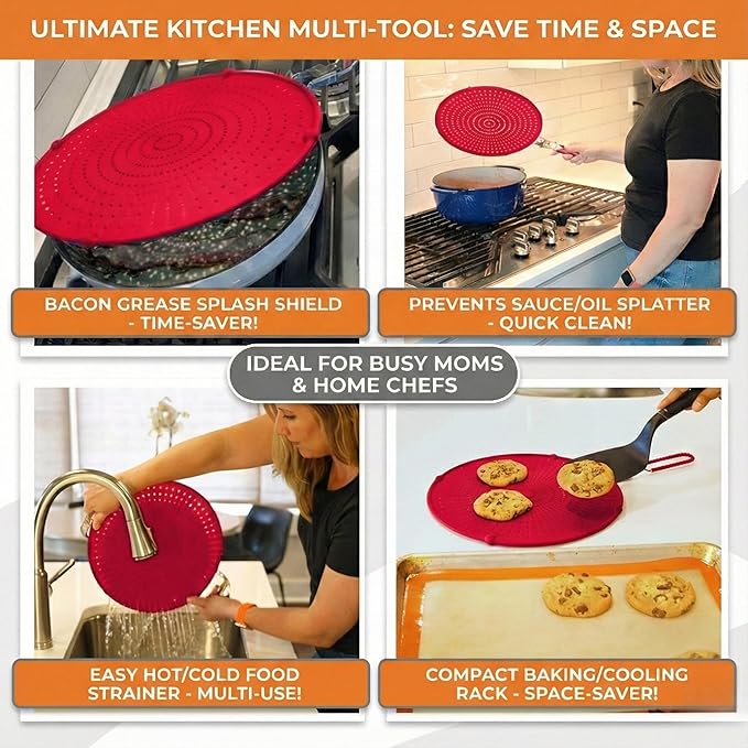 Silicone Splatter Screen for Frying Pan, 13” Red – Grease & Oil Splatter Guard, Heat Resistant, Dishwasher Safe, Foldable Handle with Sleeves – Splash Guard Fits 10–12” Pans, Most 13” Skillets - Image 4