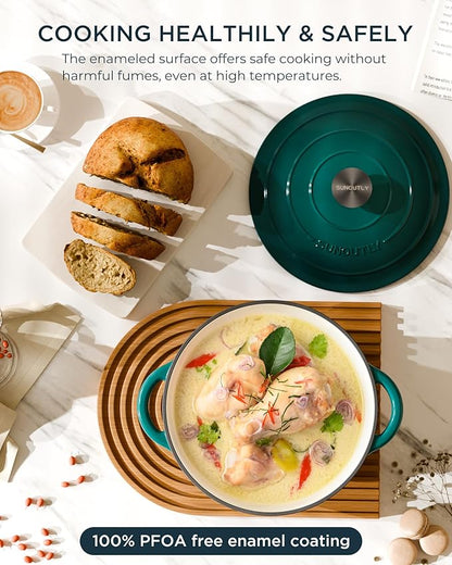 Enameled Cast Iron Dutch Oven - 7.5QT Pot with Lid & Cotton Potholders - Heavy-Duty Cookware for Braising, Stews, Roasting, Bread Baking, Oven Safe up to 500°F & Across All Stovetops, Bottle Green - Image 2