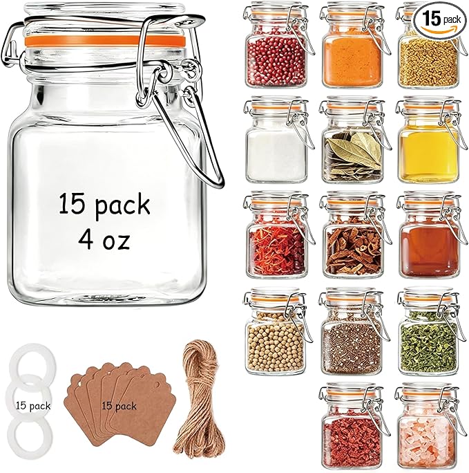 Flrolove 4oz Small Spice Jars with Lids, 15 Pack Airtight Glass Jars, Small Spice Containers Includes Labels & Rubber Gaskets for Kitchen, Jam, Herbs, Crafts, Wedding by Flrolove
