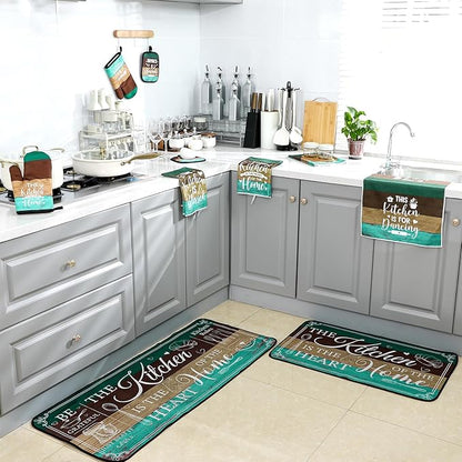 Fourluoo 10 Pcs Farmhouse Kitchen Decor and Accessories Set 4 Kitchen Towels 2 Pot Holders 2 Oven Mitts 2 Rugs for Cooking Baking Mom Housewarming Gifts(Green,Classic Style) - Image 7