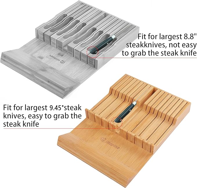 Utoplike In-drawer Knife Block Bamboo Kitchen Knife Drawer Organizer Large, handle Steak knife Holder without Knives, Fit for 16 Knife and 1 Sharpening Steel (Knives & Sharpening Not Included) - Image 5