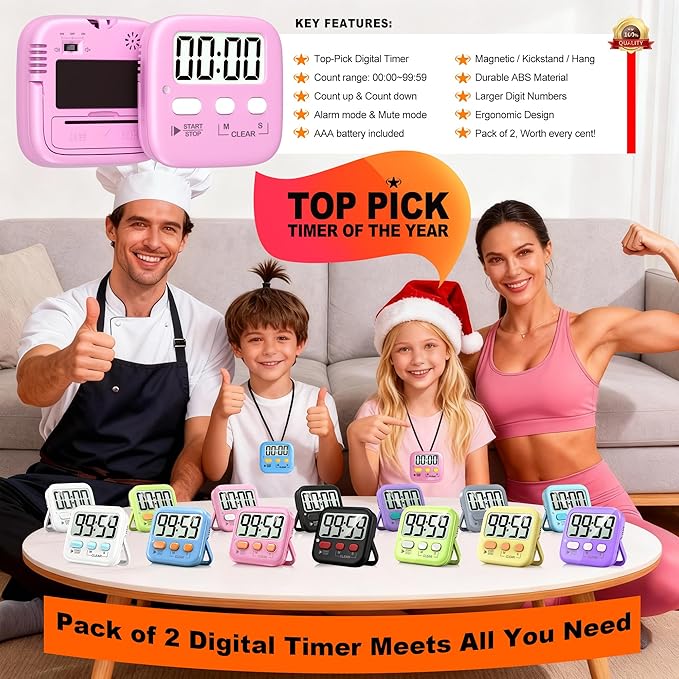 Antonki 2 Pack Digital Timer for Kids, Magnetic Countdown Kitchen Timers for Cooking, Egg, Classroom, Teacher, Exercise, Study, Oven - Battery Included - Image 8