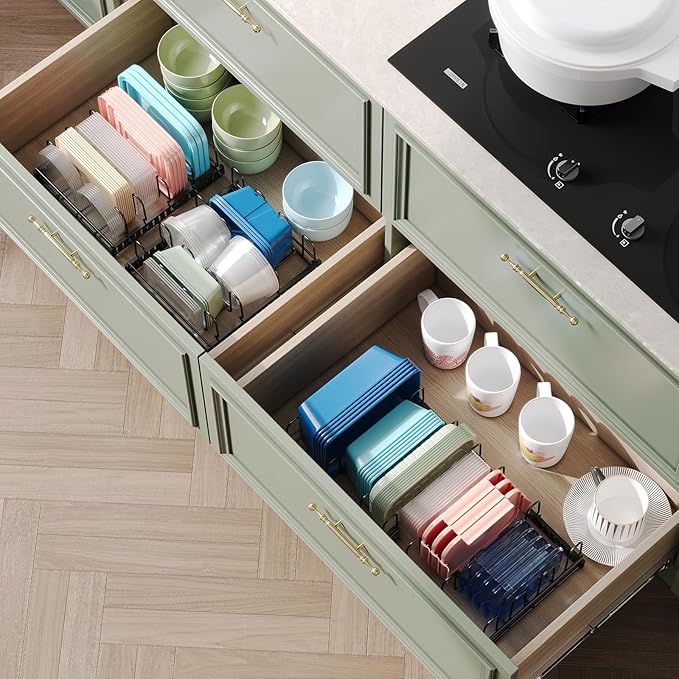 Expandable Food Container Lid Organizer,Large Capacity Adjustable 8 Dividers Detachable Lid Organizer Rack for Cabinets, Cupboards, Pantry Shelves, Drawers Keep Kitchen Tidy,Black 10.2”wide,3.6 Pound. - Image 3