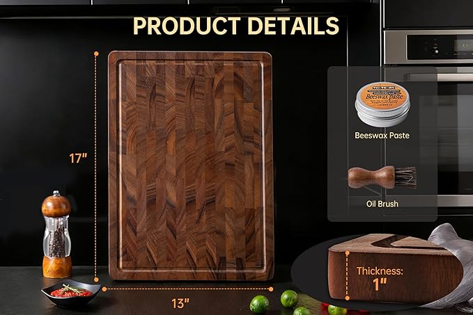 THETCHRY Walnut Cutting Boards for Kitchen, End Grain Wooden Cutting Board, Large Chopping Board Double Sided with Handle, Thick Butcher Block Charcuterie Meal Prep & Serving with Gift Box, 17"×13"×1" - Image 5
