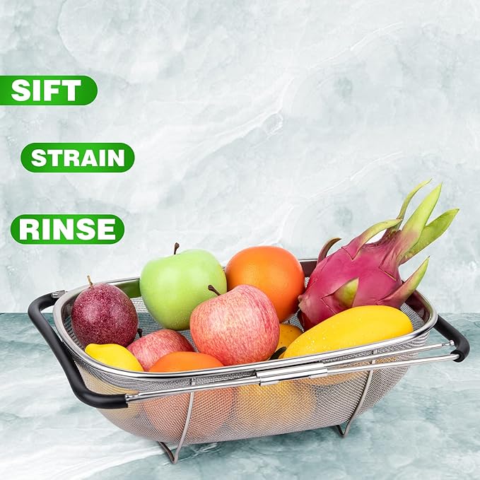 Tiawudi 6-Quart Large Over The Sink Colander, Heavy Duty 40% Thicker 18/8 Stainless Steel Fine Mesh Strainer Basket with Expandable Rubber Grip Handles - Strain, Drain, Rinse Fruits, Vegetables - Image 7