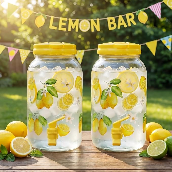Havawish 2 Pcs 1 Gallon Plastic Beverage Dispenser with Spigot Clear Summer Kitchen Fridge Drink Dispenser for Parties Lemonade Juice Tea Beer Cold Water(Yellow,Classic)