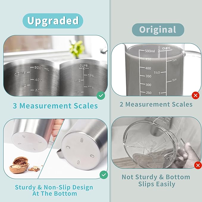 Newness 2-Pack Stainless Steel Measuring Cups Set, (3 Marking Including Cup/ML/Oz Scale) (2 & 3 Cup) Metal Measuring Cup with Handle For Prepping, Baking and Cooking, Dishwasher, Microwave Safe - Image 2