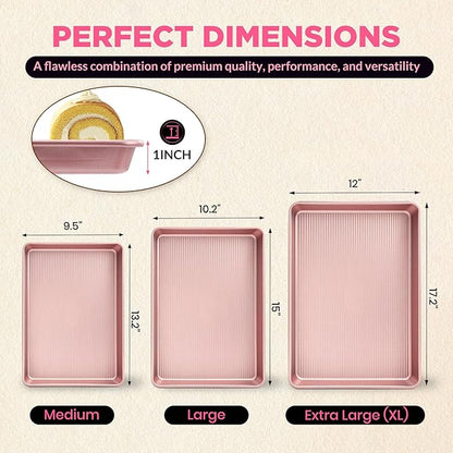 Professional Non-Stick Baking Sheets Set, 3-Piece Heavy Duty Carbon Steel Cookie Sheets with Oven Safe & Even Heating for Baking, Roasting, Cooking (Pink)