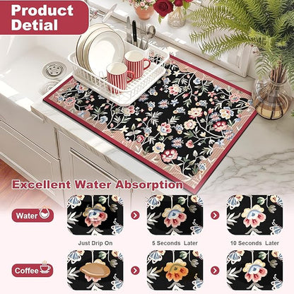 LOKHOM Floral Dish Drying Mat, 18"x24" Super Absorbent Non-slip Bordered Coffee Mat with Oil Painting Black Floral, Cuttable Hide Stain Drying Mat for Kitchen Counter Coffee Maker Espresso Machine - Image 3