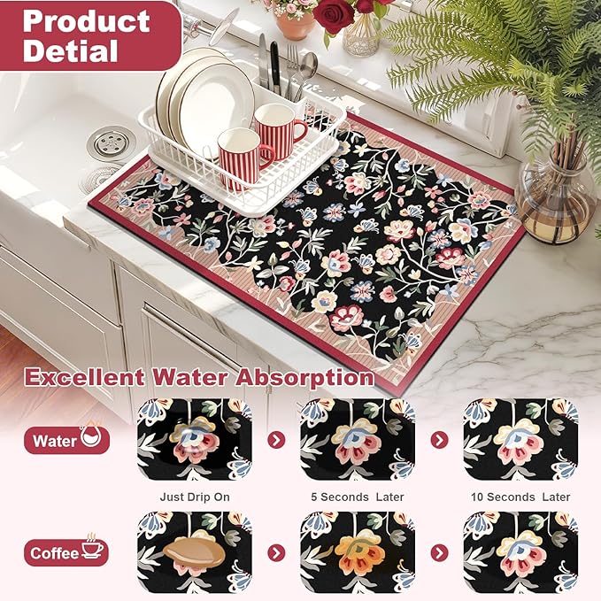 LOKHOM Floral Dish Drying Mat, 12"x20" Super Absorbent Non-slip Bordered Coffee Mat with Oil Painting Black Floral, Cuttable Hide Stain Drying Mat for Kitchen Counter Coffee Maker Espresso Machine - Image 3