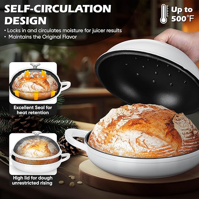 Bread Dutch Oven for Sourdough Baking (5.5 QT), Joyfair Enameled Cast Iron Dutch Oven Pot with Lid, Sourdough Bread Pan with Heavy Duty Dual Handles, Non-Stick & Even Heat, Oven-safe up to 500°F White - Image 3