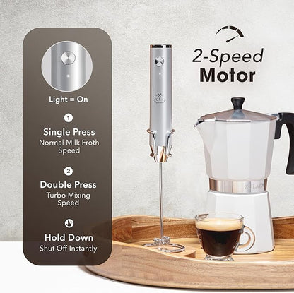 Zulay Kitchen Rechargeable Milk Frother Handheld - Lux 4 Whisks, Powerful 2-Speed Motor, Waterproof, 2000mAh Battery - Drink Mixer for Latte, Cappuccino, Matcha & Protein Powder - Silver - Image 4