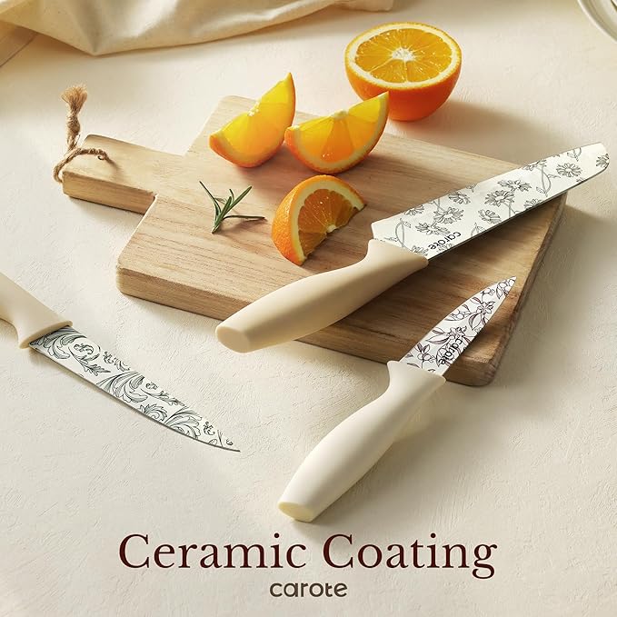 CAROTE 12PCS Knife Set, Kitchen Knife Set with 6 Blade Guards, Stainless Steel Knives Set With Nonstick Ceramic Coating, Rustproof, Delicate Floral Designs, White (Pack of 2) - Image 5