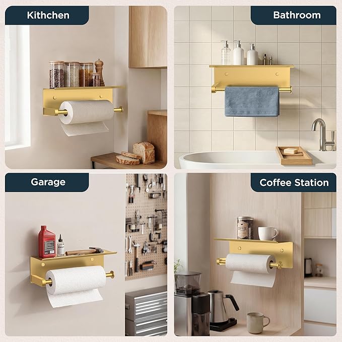 FORIOUS Paper Towel Holder with Shelf, SUS304 Stainless Steel Paper Towel Holder with Storage Shelf, Wall Mount Screw Paper Roll Organizer Commercial Paper Hand Towel Dispensers, Brushed Gold - Image 7