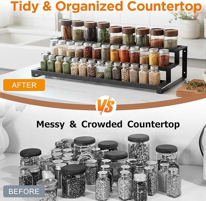 3-Tier Spice Rack Organizer for Kitchen Cabinet or Pantry, 16"-29" Expandable Spice Organization Shelf, Seasoning Organizer, Metal Display Shelf, Slip-Resistant Design for Jars and Bottles, Black - Image 4