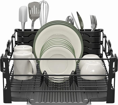 Simple Houseware Dish Drying Rack with Drainboard, Utensil Holder & Mug Hooks, Black Metal Kitchen Counter Organizer - Image 2