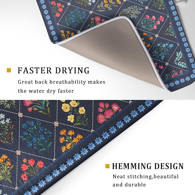 Lapis Blue Dish Drying Mat for Kitchen Counter Flowers Microfiber Absorbent Dish Draining Reusable Washable Large - Image 3