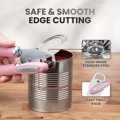 Zulay Kitchen Heavy Duty Stainless Steel Can Opener Manual with Bottle Opener - Rust Proof Manual Can Opener With Turn Knob & Comfy Soft Grip Handles - Pink - Image 4