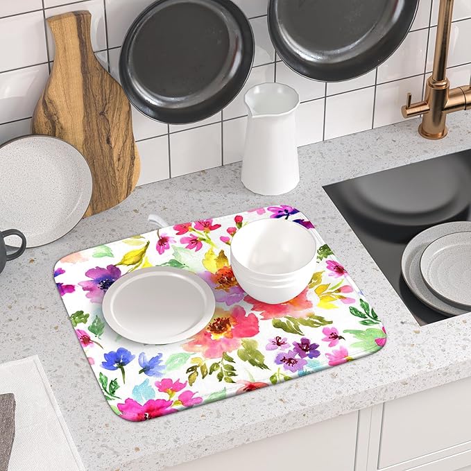 Spring Floral Dish Drying Mat for Kitchen Counter Flower Microfiber Absorbent Dish Draining Reusable Washable Foldable 16"x18" - Image 6