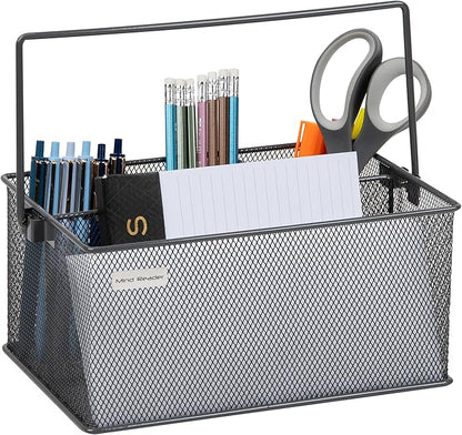 Mind Reader Multi-purpose Storage Caddy with Handle, Desktop Organizer, Cutlery Holder, 4 Compartments, Metal Mesh, Gray - Image 4