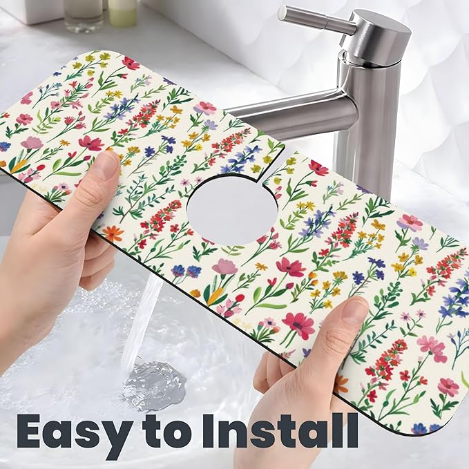 Watercolor Wildflower Dish Drying Mat for Kitchen Counter, 16"x18" Microfiber Absorbent Fast Dry Mat, 2Pcs Dish Mat Faucet Mats Sets, Large Drying Kitchen Mat Kitchen Drying Pad Coffee Bar Decor Gifts