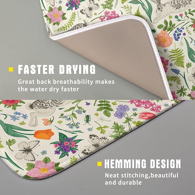 Spring Easter Dish Drying Mat for Kitchen Counter 16x18 Rabbit Bunny Green Pink Floral Vintage Print Absorbent Reversible Microfiber Drying Mats Kitchen Countertop Protector Dishes Drainer Rack Pad - Image 3