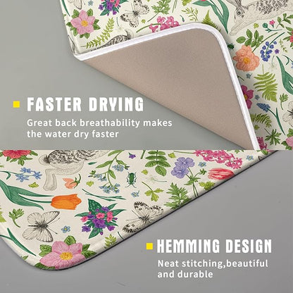 Spring Easter Dish Drying Mat for Kitchen Counter 16x18 Rabbit Bunny Green Pink Floral Vintage Print Absorbent Reversible Microfiber Drying Mats Kitchen Countertop Protector Dishes Drainer Rack Pad - Image 3