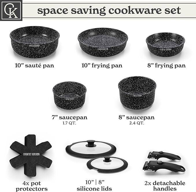 Country Kitchen Cookware Set with Removable Handle, Oven & RV Safe Pots and Pans Set, Black, Original - Image 3