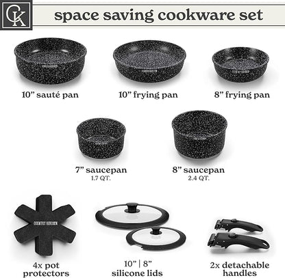 Country Kitchen Cookware Set with Removable Handle, Oven & RV Safe Pots and Pans Set, Black, Original - Image 3