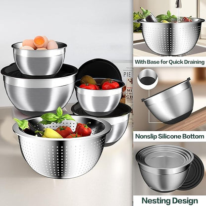 Mixing Bowls with Airtight Lids Set, 4 Stainless Steel Bowls Nesting Bowls & Colander, Kitchen Organizers and Storage Non-Slip Bottom, Size 1.5/2.0/2.5/4.5QT, Great for Mixing & Serving, Black - Image 7