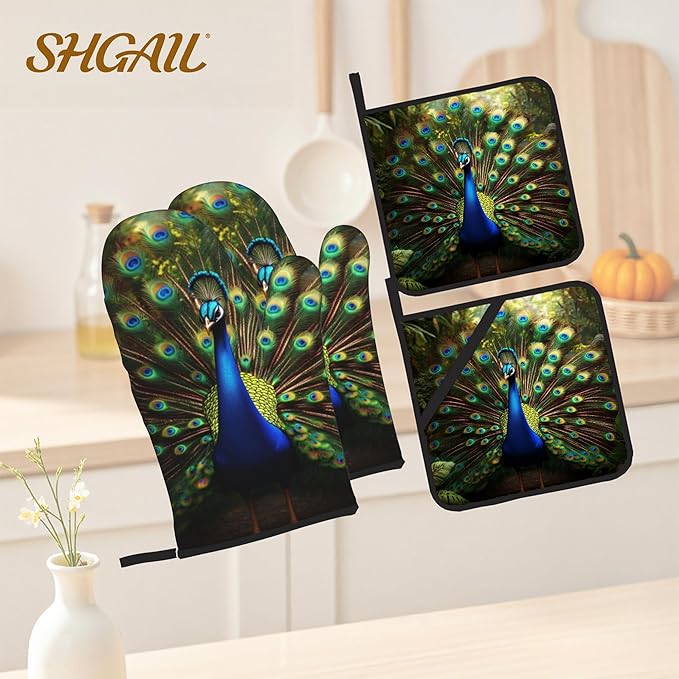 Peacock Pattern Oven Gloves and Hot Pads Set - Heatproof Hand Protection for Baking, Grilling, Cooking 4Pcs