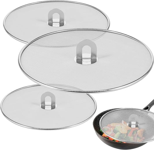3 Pcs Splatter Guard Stainless Steel Frying Pan Splatter Screen Splash Proof Oil Splatter Cover with Foldable Handle Mesh Oil Proofing Lids for Kitchen Cooking (9.8 inch, 11.4 inch, 13 inch) by Unknown