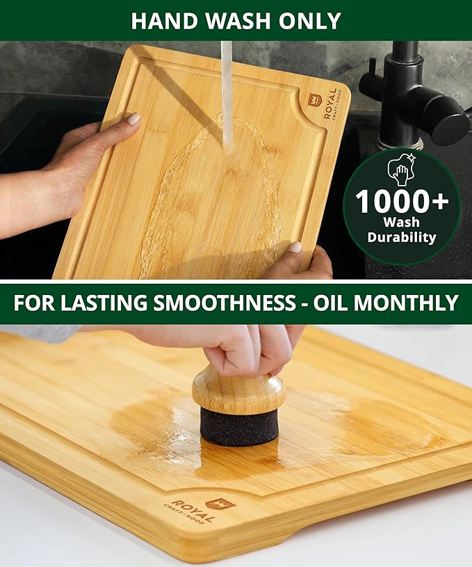 ROYAL CRAFT WOOD Wooden Cutting Boards for Kitchen Meal Prep & Serving - Bamboo Wood Serving Board Set with Deep Juice Groove Side Handles - Charcuterie & Chopping Butcher Block for Meat - Image 5