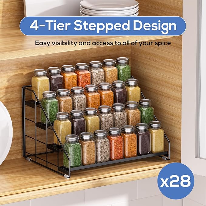 Spice Rack Organizer for Cabinet, 4 Tiered Spice Rack Organizer, Tiered Adjustable Spice Shelf for Kitchen Countertop Organization, Bright Black - Image 4