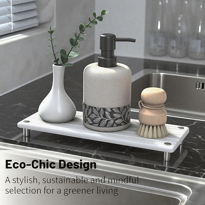 Quick Dry Sink Caddy Kitchen Sink Organizer, Water Absorbing Stone Tray for Sink, Stone Drying Tray, Diatomite Faucet Mat & Protector, Dispenser Sponge Holder, Stone Soap Tray for Bathroom Counter - Image 4