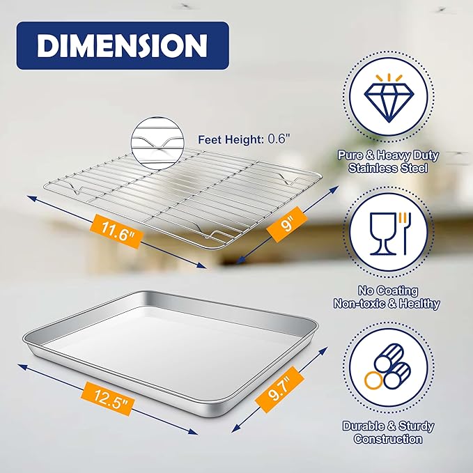 12.5 Inch Baking Sheet Pan with Rack Set, Joyfair Stainless Steel Toaster Oven Pans Tray & Cooling Racks for Cookie/Jelly Roll/Bacon/Meat, Commercial Metal & Rust-free, Dishwasher Safe - Image 2