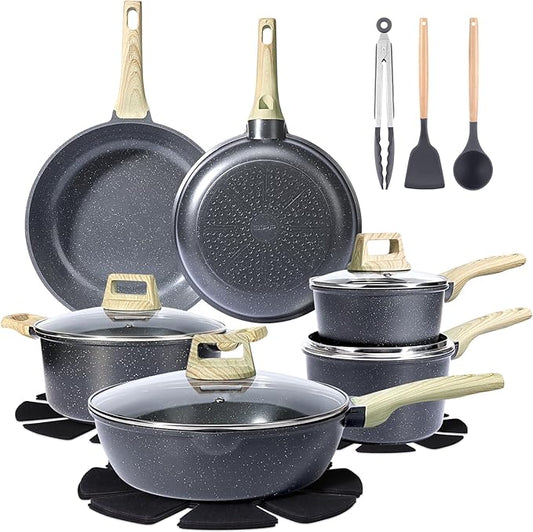 GiPP Ceramic Pots and Pans Set Non Stick - 18 Pcs Nonstick Cookware Set, Non-toxic Healthy Kitchen Cooking Set w/Frying Pans Set, Dishwasher Safe, PFAS PTFE PFOA PFOS Free, Dark Gray