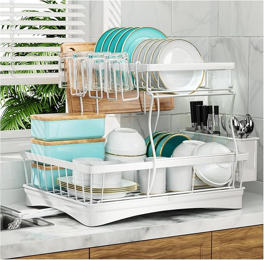 7 code Large Dish Drying Rack, 2-Tier Dish Racks for Kitchen Counter, Detachable Large Capacity Dish Drainer Organizer with Utensil Holder, Dish Drying Rack with Drain Board, White by 7+code