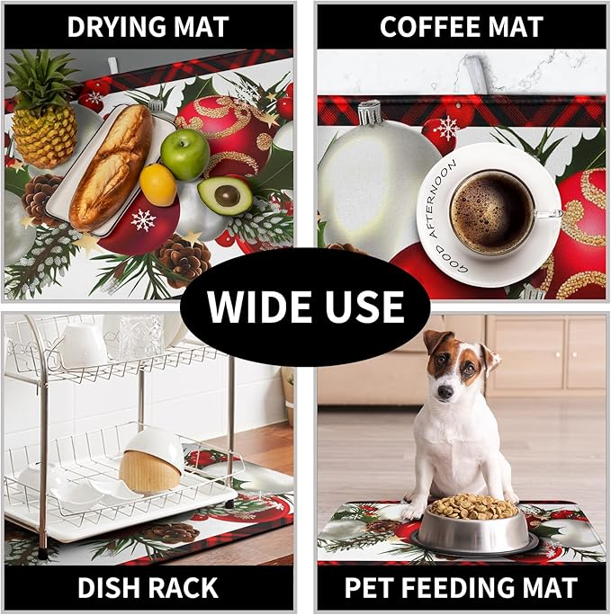 Red Buffalo Plaid Christmas Kitchen Drying Mats for Dishes Xmas Ball Snowflake Pine Cones Dish Drainer Rack Mat Winter Microfibe Absorbent Dish Drying Pad for Home Kitchen Counter Decor 18x24in - Image 7