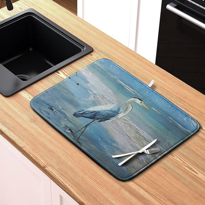 Summer Blue Dish Drying Mat for Kitchen Counter 16x18 Inch Heron Coastal Beach Drying Mats Nautical Ocean Bird Dishes Drainer Mats Microfiber Absorbent Dish Rack Pad - Image 6